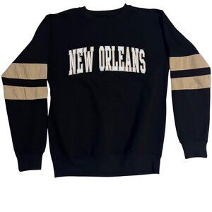 Black Crewneck Sweatshirt With "New Orleans" Print & Beige Arm Stripes small